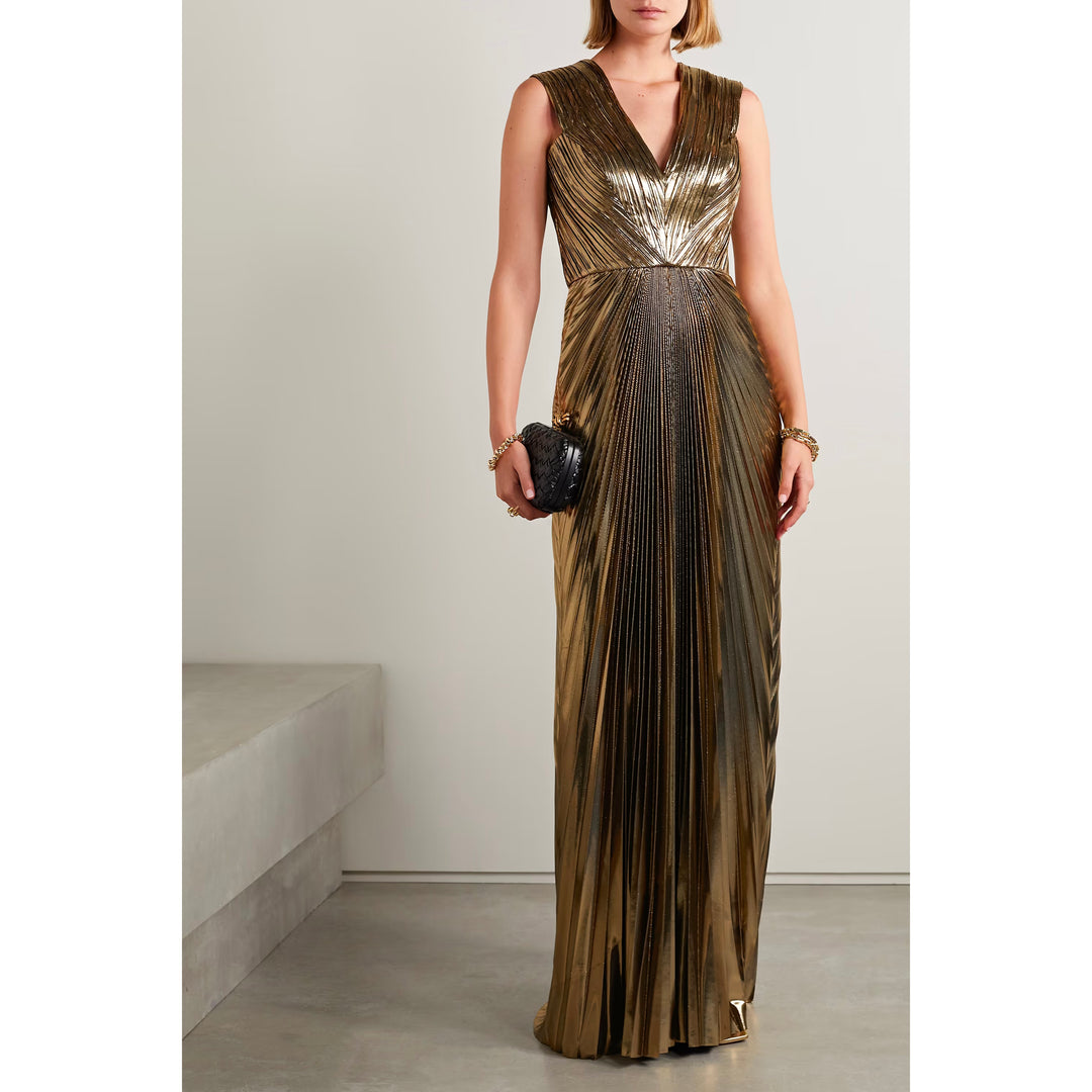 Model Wearing SemSem Gold Pleated Metallic Lamé Gown.