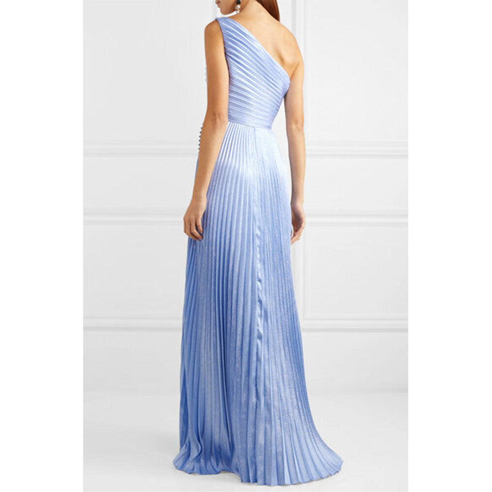 SemSem One-Shoulder Silk Metallic Plissé Gown.