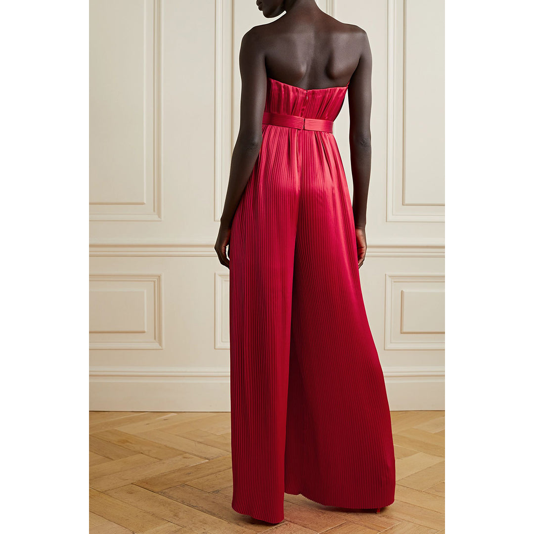 Strapless Belted Plissé Silk-Satin Jumpsuit