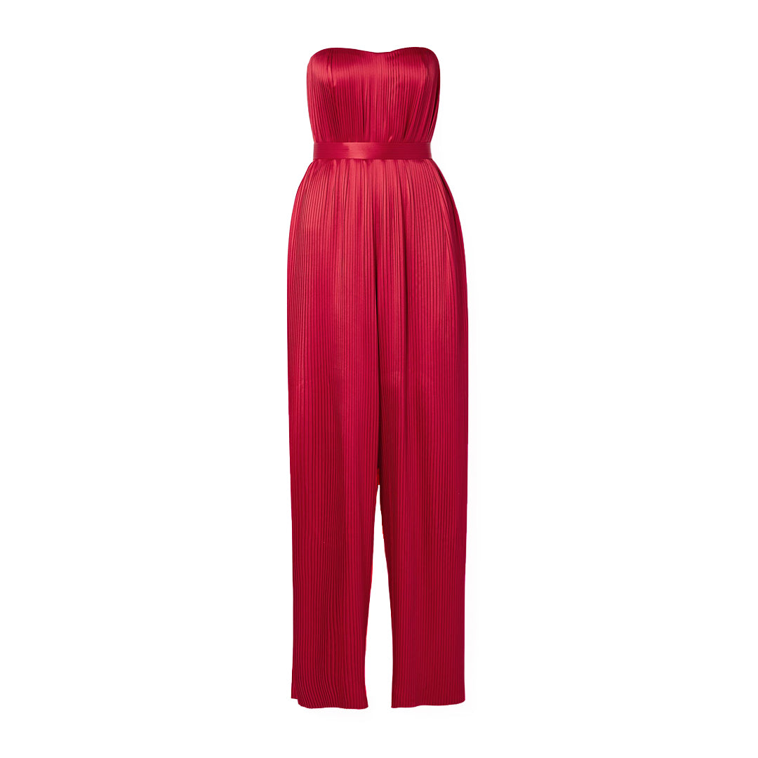 Strapless Belted Plissé Silk-Satin Jumpsuit